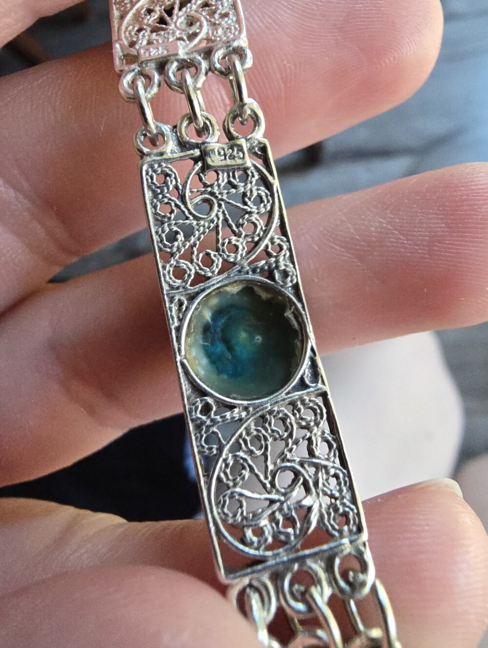 Silver 925 Filigree Bracelet with Teal Stone - Women's Jewelry - Picture 5 of 12